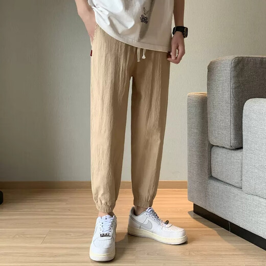 论朴裤子男士夏季薄款潮流休闲裤棉麻夏天男裤潮牌亚麻九分裤束脚裤男 黑色【直筒亚麻裤】 M