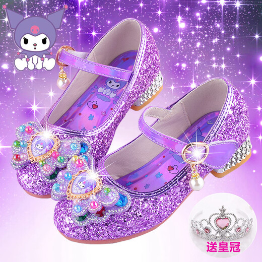 Gesufan Purple Kuromi Princess Shoes Girls High Heels Spring and Autumn Children's Soft Soled Single Shoes Crystal Shoes Little Girls Leather Shoes Four Seasons/319-4 Pink 27 Inner Length 17cm