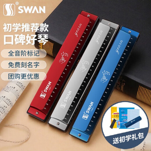 天鹅（SWAN）24孔单音口琴c调儿童小学生初学者入门带音符简谱标注口风琴 24孔 单音c调银色+初学全套品