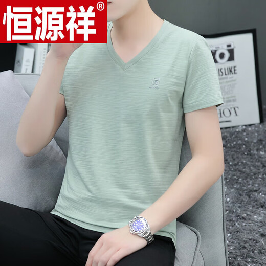恒源祥夏季短袖Tt恤男V领修身V领潮100%纯棉冰丝R标志半袖 透气I白色691款 M 90-115斤