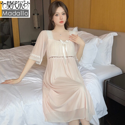 莫代尔带胸垫睡裙女夏季网纱短袖宫廷公主风睡衣甜美可爱蕾丝花边家居服 E-W7373#粉色无胸垫 M