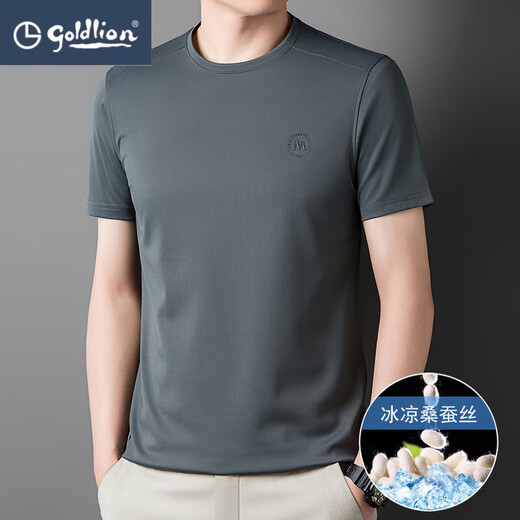 
Jinli Lai Silky Short Sleeve T-shirt for Men's Summer Thin Style Breathable Silk Round Neck Casual Sports Top T-shirt D13601 Black XL 175