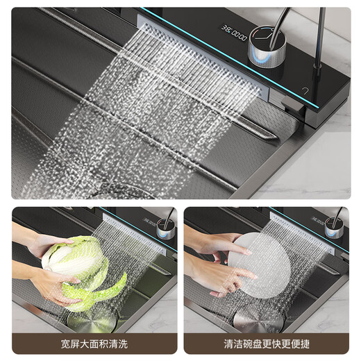 JOMOO Whale Sink Digital Display Piano Rainfall Waterfall 304 Stainless Steel Large Single Sink Vegetable Basin 8045 Gun Black Embossed Lower Right Water