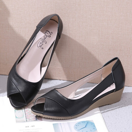 Aokangbai summer new genuine leather women's sandals fish mouth shoes heeled Roman sandals women's casual mother's shoes low heel medium heel women's shoes Huidong genuine leather sandals non-slip soft sole-gray rice (thick heel style) 35 sandals for women 2025 new