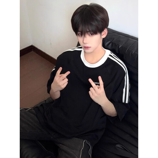 7 high-quality three-bar splicing short-sleeved boys summer trendy brand heavy small neckline half-sleeved tops wear large size clothes T-shirt LJWP-T92 black XL [125-145Jin [Jin equals 0.5 kg]]