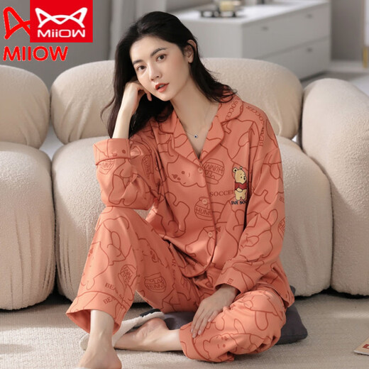 Catman Miiow reiner Baumwollpyjamas für Frauen im Frühjahr und Herbst Neue Stil Langarm Pure Cotton für Outdoor Dünn -Set LF9214 2xl