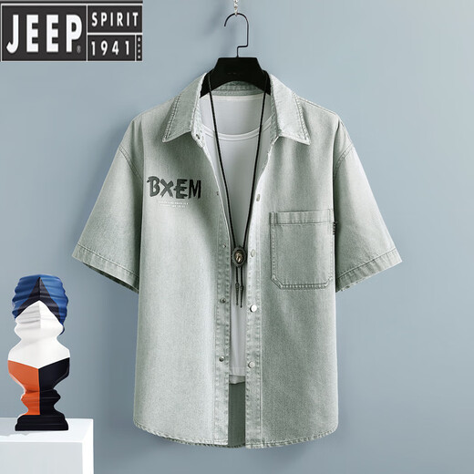 JEEP SPIRIT牛仔短袖衬衫男士休闲宽松渐变工装外套夏季薄款五分半袖百搭衬衣 T698黑色 3XL (约170-190斤可穿)