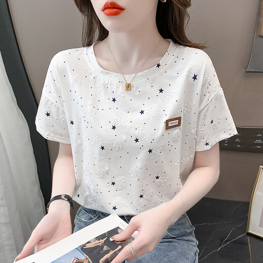 宾雍高质量棉质印花t恤女短袖夏装2025年新款宽松印花设计感百搭体恤 1396白色+327彩色字母 S 适合80-99斤