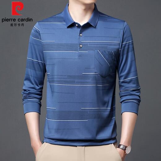 皮尔卡丹（pierre cardin）夏季冰丝男士t恤长袖春秋新款中老年休闲男装薄款爸爸有兜体恤衫 B753横条  绿色 L 170/110/50