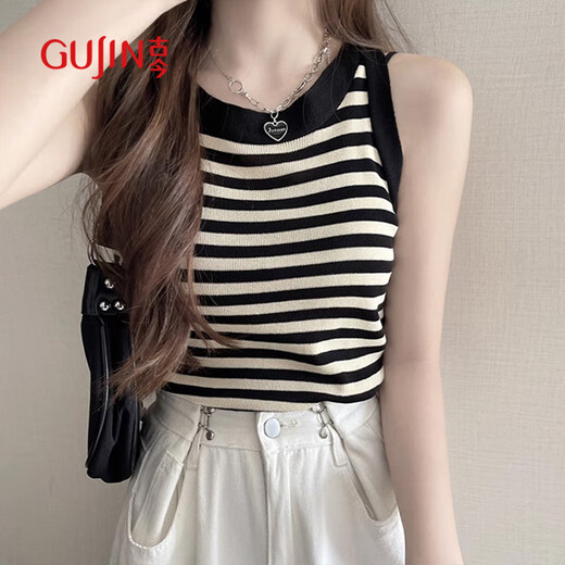 Gujin (Gujin) Ice Silk à rayures à rayures à soie à grécelle pour les femmes en été, à l'extérieur et à l'intérieur, à fond sans manches minces minces minces pour les femmes