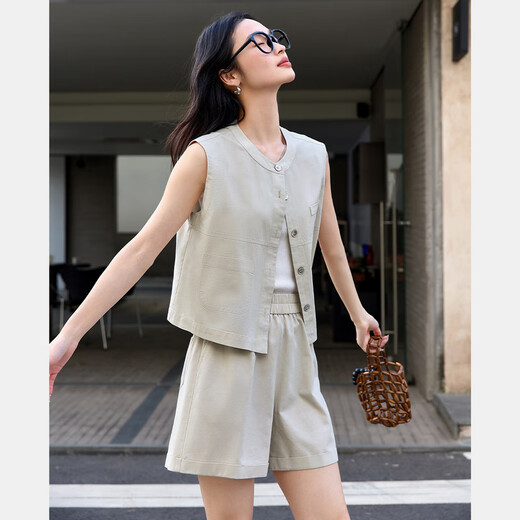 梵希蔓气质休闲马甲套装女2025年夏季新款圆领无袖上衣短裤两件套 M9906 米灰色 L