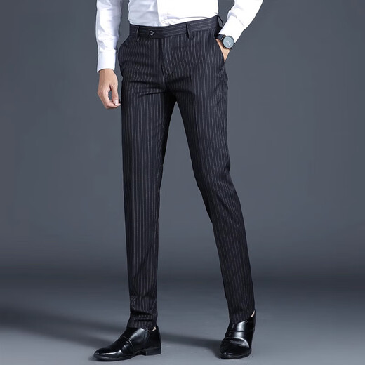 
GY goldlion striped free ironing pants for men. Loose summer light luxury business casual straight simple formal trousers 9901 black thin style 29