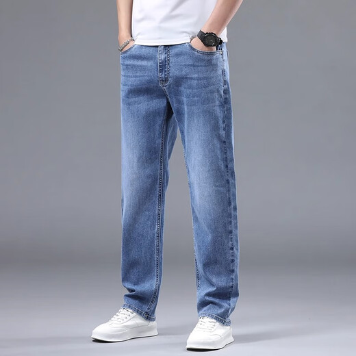 
JEANSWEST high-end jeans men's summer thin style trendy large size loose straight casual long trousers men's spring and summer new style grinding white and blue 31