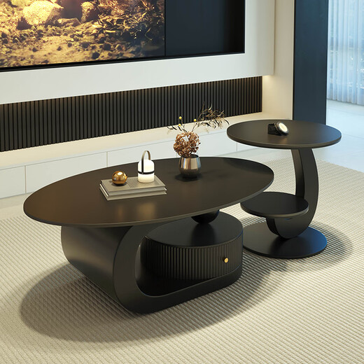Manshun new oval slate coffee table modern simple living room home light luxury high-end small apartment with drawer combination combination black cabinet fish belly white 100*60 + side table 50