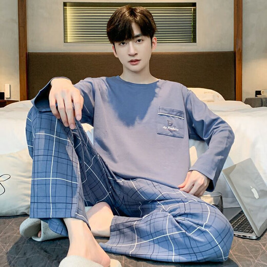 Guanmao Pei Pyjamas Herren Herbst New Pure Cotton Longleved Anzug für Jugendliche losen Hauskleidung Einfaches kann außerhalb des zweiteiligen Sets getragen werden 01F9903 175 Men-l
