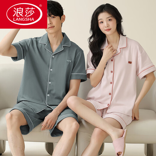 浪莎（LangSha）情侣睡衣夏季纯棉短袖短裤简约开衫可外穿男士女款全棉家居服夏天 X12703-12803# M 女款：