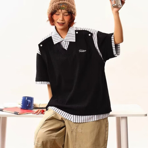 Qinggan 2025 new summer style Henry lapel men's and women's striped splicing unisex shirt collar fake two-piece short-sleeved T-shirt black L