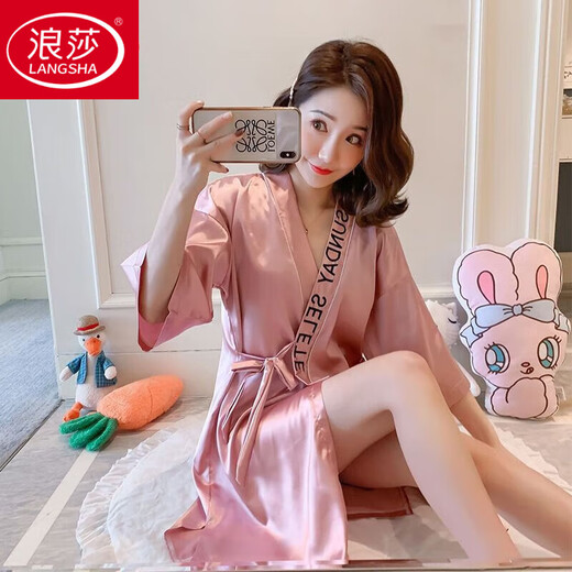 浪莎（LangSha）韩版睡衣女含仿真丝睡袍浴袍夏冰.丝性感薄开衫睡裙中长款家居服 睡袍9896#灰色 L [建议98--115斤]