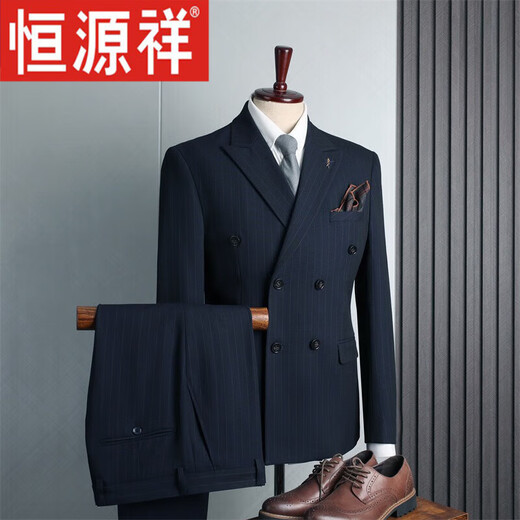 Hengyuanxiang suit men's suit wedding double-breasted British style lapel groom engagement wedding slim striped formal suit double-breasted black 2-piece set (top + pants) S (98-110Jin Jin equals 0.5kg)