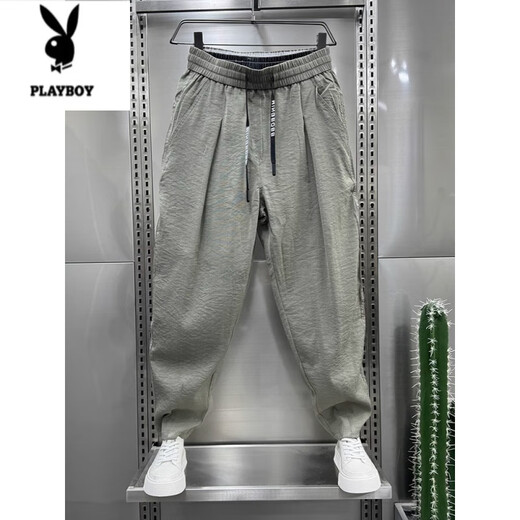 花花公子（PLAYBOY）夏季薄款棉麻休闲裤男冰丝垂感哈伦裤2025新款炸街宽松九分萝卜裤 咖色 XL 建议130-150斤