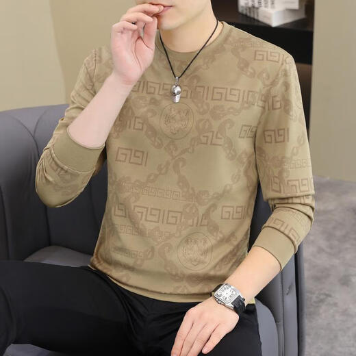 Romon 2025 autumn and winter new men's long-sleeved T-shirt European fashion men's handsome fashionable sweatshirt plus size base shirt T-shirt [Spring and autumn thin style] 6628 black M 90-115Jin [Jin equals 0.5 kg]