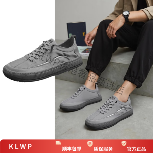KLWP香港高端品牌高档帆布鞋男士免系带一脚蹬透气休闲鞋软底运动板鞋 灰色 40