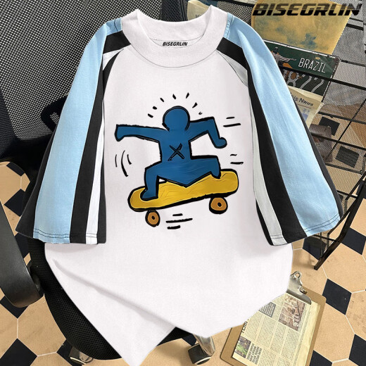 Bisegrlin Trendy Brand Trendy Trendy Camiseta de manga corta Summer's Summer New Loose Round Base Base Pareja Top blancan Blue-K1048 L