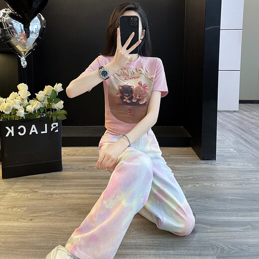 Kaizitu Ymeng Europäischer Modeanzug für Frauen im Sommer Neue modische altersreduzierende Kurzärmel-Kurzärmel-Top-Weitbein-Hosen zweiteiliger Set 7009A Pink Kurzärmelte + 7047B Jeans S S
