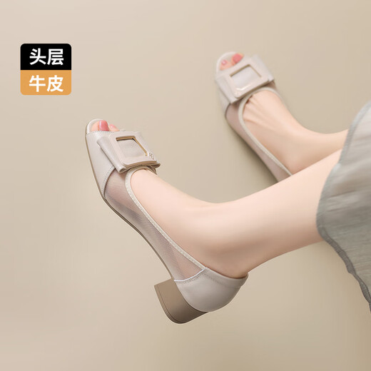 Couche de tête zhr chaussures célibataires de vache pour les femmes commut la bouche peu profonde talons épais pour les femmes, chaussures en cuir de bouche de poisson classiques km50e beige 37
