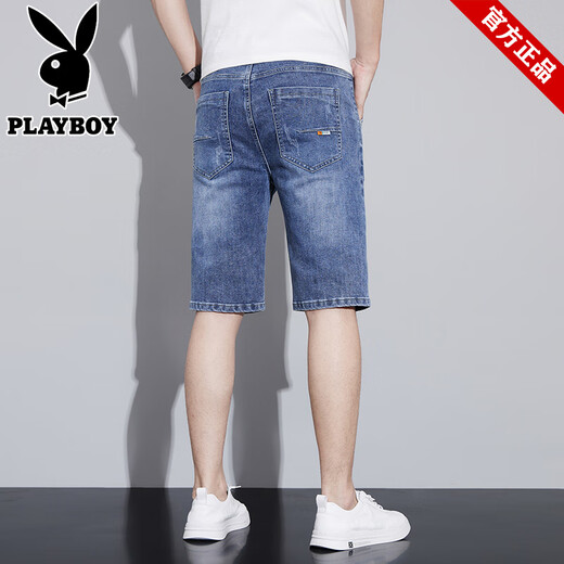 Playboy Brand Men's Denim Shorts minces cultures de cinq points 2025 Été Nouveau style élastique élastique droit à 5 points pantalons 681 bleu 32