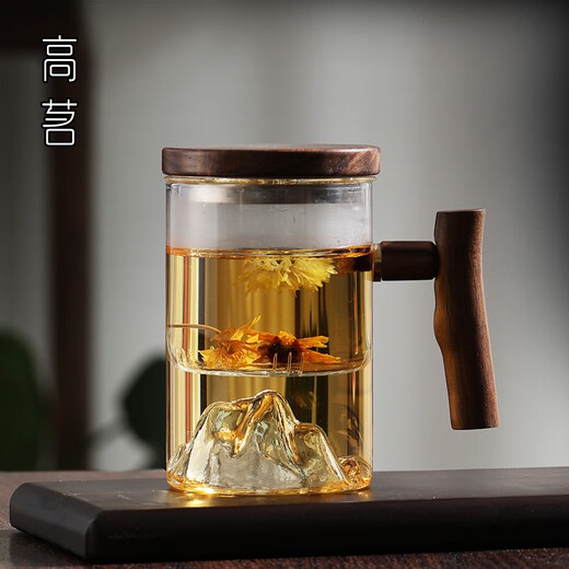 个人专用泡茶杯茶水分离男士带把喝茶水杯玻璃日式观山茶道杯子 9194鸿崖三件杯榉木450ML 200mL(含)-400mL(含)