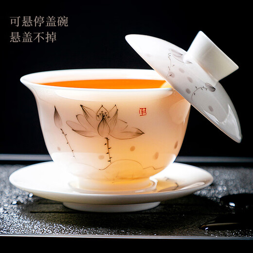 Jingcizhai hand-painted kung fu tea set household mutton-fat jade white porcelain covered bowl teapot tea cup light luxury high-end new style hand-painted ink lotus covered bowl Xishi teapot 12 heads