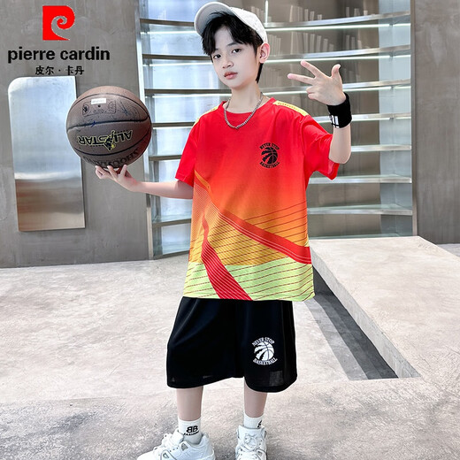 Pierre cardin boys basketball suit summer thin 2025 new mid-large children sports summer suit children's short-sleeved quick-drying clothes blue-9905 short-sleeved suit 120