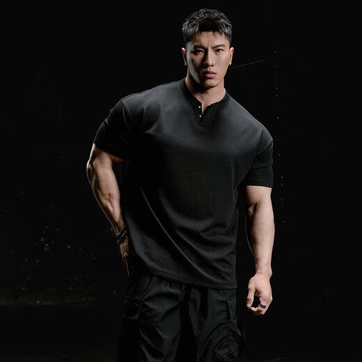 MUSCLEDOG肌肉狗 健身短袖男夏季新品撞钉宽松休闲亨利衫训练服运动T恤 黑色 XL