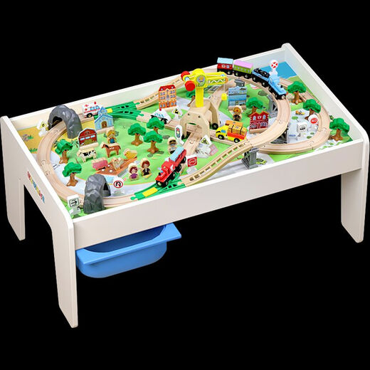 Edwone Wooden Track Car Trevate Controw Train en bois pour enfants Table jouet en bois garçon grand assemblage de particules Table de bloc de construction Table bleu + couverture + Crane Hillside Standard Official Standard