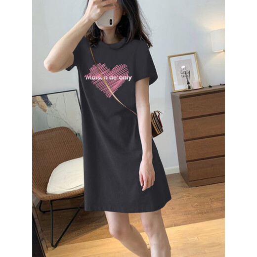 Waterside Clothes High-end Korean Version 2025 Summer New Cotton Short-Sleeve T-Shirt Women's Skirt Loose H-Type Temperament Small Dress 6173 Dark Gray [Dress] (Orange Print) S 80-100Jin [Jin equals 0.5 kg]