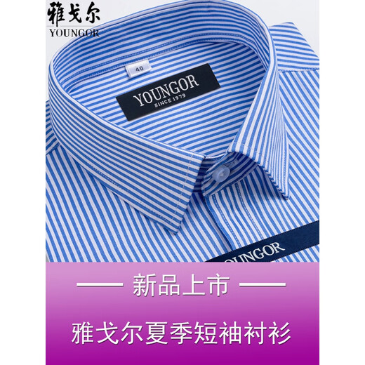 雅戈尓男士短袖衬衫夏季商务休闲职业正装棉免烫中年大码条纹衬衣 DX6623 38