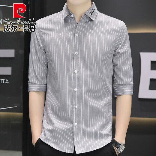 Pierre cardin summer ice silk quarter sleeve shirt men short-sleeved striped casual slim men's shirt trendy mid-sleeved top clothes single piece 682 white M