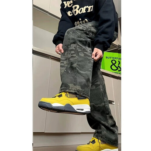 迪伽达迷彩裤子男士春秋夏季新款修身伐木工装美式高街直筒微喇牛仔裤 DFFS-671迷彩色 L