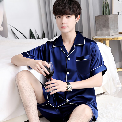 雅鹿男士睡衣夏季冰丝短袖短裤薄款夏天青少年仿真丝绸男式家居服套装 天蓝色[短袖短裤] XL 码建议体重12014c
