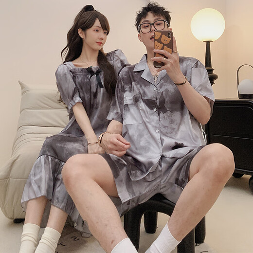 
O'MESIK couple pajamas ice silk men summer short-sleeved thin large-size nightgown for women summer feeling can wear home clothes 13076 women-13077 men M men L (suggested height 165-170c, weight 1