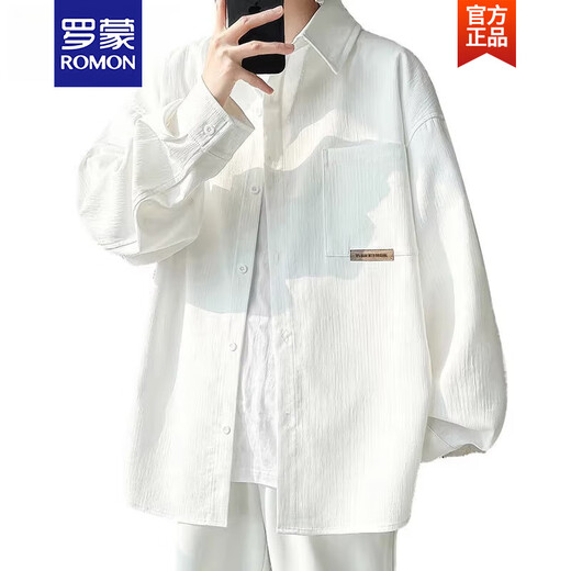Romon 2025 Neues weißes Droop-Shirt-Hemd für Herren, Frühlings- und Sommer-Freizeitjacke Teenager Student Shirt C9871 Weiß Long* Ärmeln m ungefähr 95 ~ 110 Jin [Jin gleich 0,5 kg] kann getragen werden