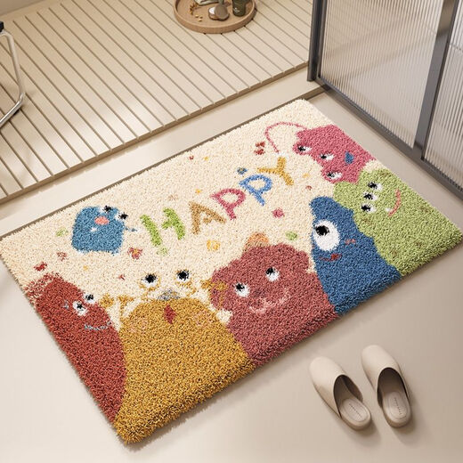 浴室门口地垫毛绒卡通吸水速干防滑防摔垫子家用厕所耐脏加厚脚垫 多巴胺哈哈-15664 80cm*120cm清洗方便u0004耐磨耐