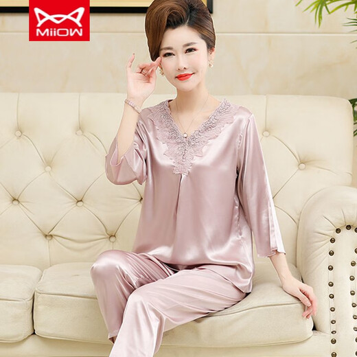 
Catman MIIOW ice silk pajamas for women with cropped sleeves new style summer middle-aged and elderly mothers can wear home clothes outside 683 bean paste [cronylene sleeves trousers] M Recommended 80-100Jin [Jin equals 0.5 kg]