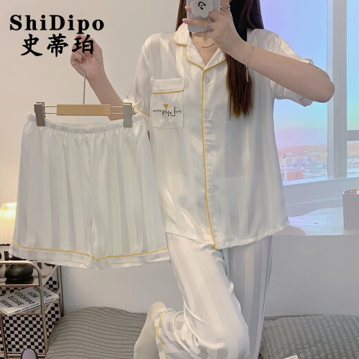 
ShiDipo three-piece ice silk pajamas for women for summer thin 2025 new short-sleeved suit summer imitation silk cool home three-piece set 3887-3 2XL 135-150Jin [Jin equals 0.5 kg]
