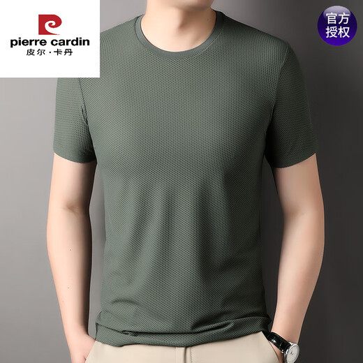 Pierre Cardin T-shirt à manches courtes à col rond en maille respirante pour hommes en été cool haut en soie glacée décontracté couleur unie T-shirt à manches courtes pour hommes 6188 gris vert M 165 recommandé 100-120 Jin Jin équivaut à 0,5 kg