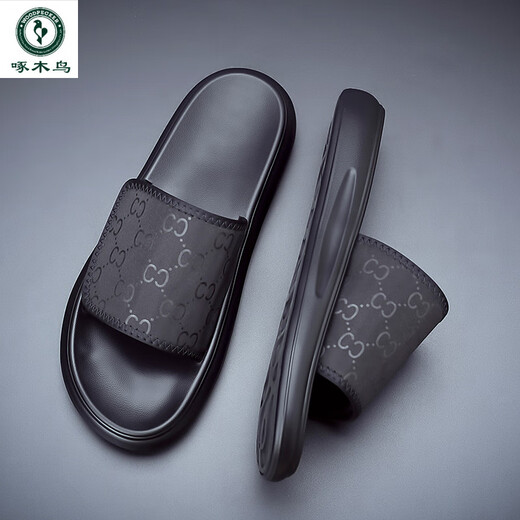 啄木鸟一字拖2025夏季新款男款休闲防滑防臭魔术贴可调节户外沙滩鞋凉鞋 黑色6189 38