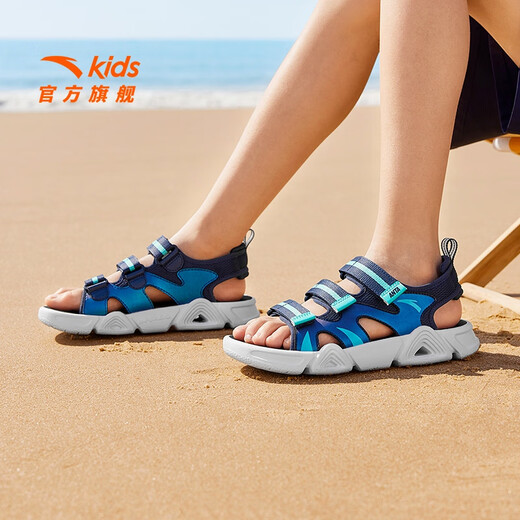 ANTA Children's Sandals Men's Big Children's Shoes 2026 Summer New Outdoor Velcro Open Toe Amphibious Beach Shoes New Ink Blue-5 37 Shoe Inner Length 23.5cm