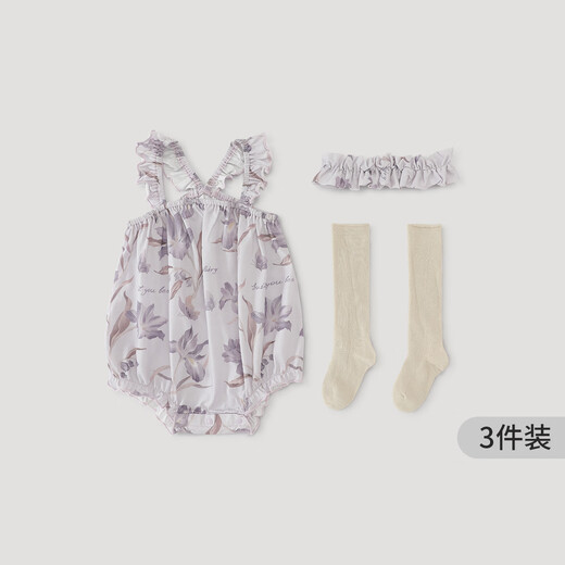 巴厘小猪【3件套】女宝宝吊带包屁衣套装无袖薄款连体衣夏季新生婴儿衣服 昙花絮语 【3件装】 80cm