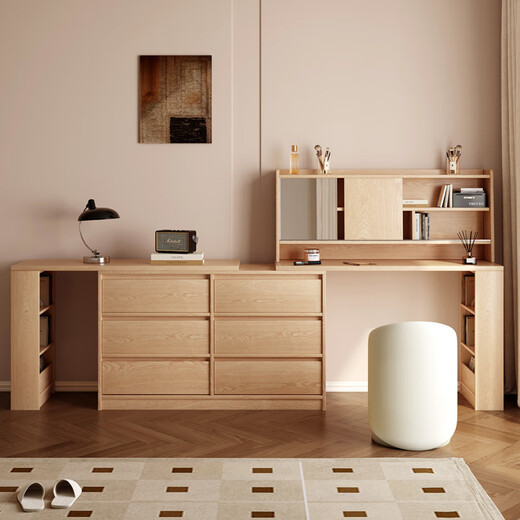 He Jiajiang all solid wood oak bedroom dressing table, cupboard and desk integrated corner dressing table, log style multi-functional dressing table, 1.2m cupboard + 1.2m dressing table + makeup stool, all solid wood